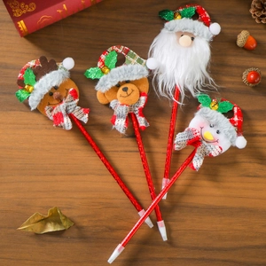 Cartoon Christmas ballpoint pens set with Santa Snowman Reindeer and Bear plush tops