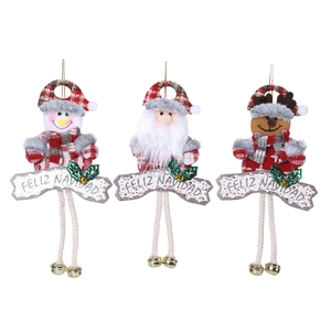 Three Christmas hanging ornaments with Santa, Snowman and Reindeer with Feliz Navidad signs
