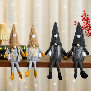 Décoration de Noël Poupée Gnome sans Visage en Maille Gnome en Peluche à Longues Jambes avec Cœur et Tasse de Café pour Ornement de Maison Fête Noël