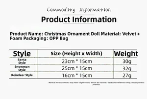 Size chart for plush Christmas ornaments showing Santa, snowman, and reindeer dimensions