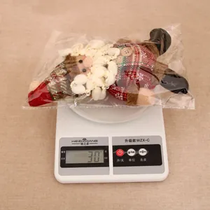 Detail of a plush Santa Claus ornament on a scale showing 30g weight for shipping info