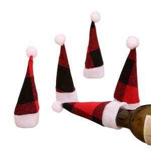 Set of red and black buffalo plaid Christmas mini hats for wine bottles and table decor