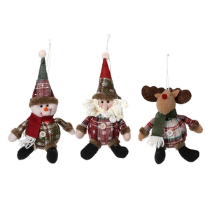 Three-piece set of plaid Christmas ornaments featuring snowman, Santa, and reindeer figures