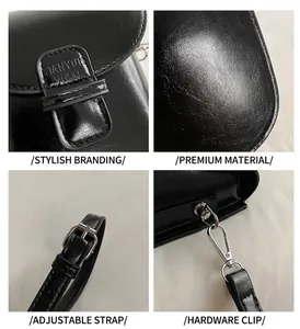 Detail view of black glossy leather saddle bag with silver metal buckles and logo