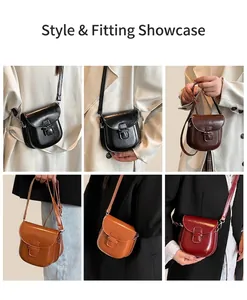 Multi-color vintage half-moon crossbody bags shown in different fashion outfits