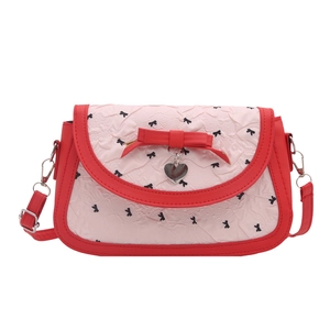 Pink pleated crossbody bag with black bows, red leather trim and silver heart charm