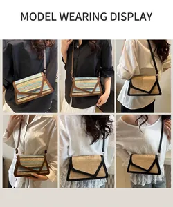 Detail shots of colorful striped and natural straw woven crossbody envelope bags