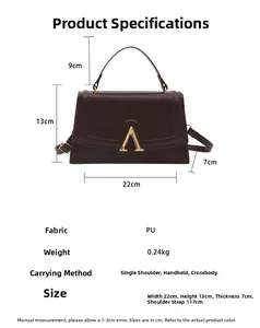 Tableau des tailles pour sac à main en PU marron foncé avec dimensions et caractéristiques