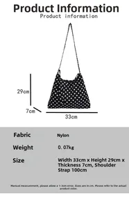 Dimensions du sac fourre-tout en nylon à pois 33x29x7cm avec spécifications techniques