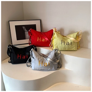 Women Large Capacity Nylon Shoulder Bag Lightweight Crossbody Tote With Letter Embroidery Drawstring Leisure Travel Bag
