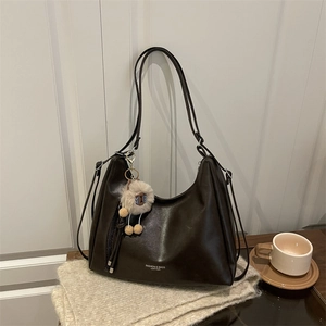 Women Large Capacity PU Leather Shoulder Bag Retro Hobo Tote Bag With Plush Pendant Crossbody Handbag For Daily Commute