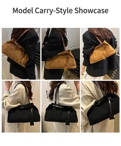 Detailed views of brown and black suede tote bags with metal buckles and leather straps