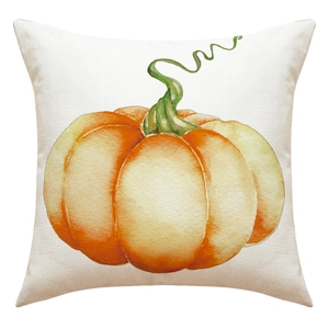 Close-up of linen fabric texture and watercolor pumpkin print on Thanksgiving pillow cover