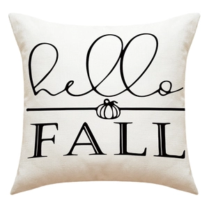 Linen pumpkin throw pillow cover with hello FALL print for autumn home sofa decoration