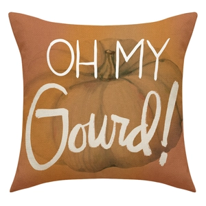 Detail of linen texture pillowcase featuring pumpkin graphic and OH MY Gourd text