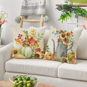 Lot de deux housses de coussin en lin avec motifs automnaux de citrouilles et de tournesols