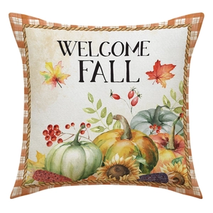 Détail de la taie d'oreiller Welcome Fall avec motifs citrouille et tournesol
