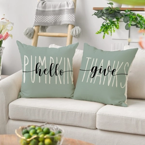 Sage green Thanksgiving pillow covers set featuring Hello Pumpkin and Give Thanks art prints