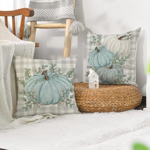 Set of 2 fall pumpkin throw pillow covers with blue pumpkins on grey plaid linen