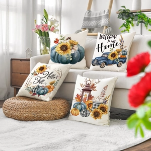 Set of 4 autumn linen pillow covers with pumpkin sunflower patterns for fall decor