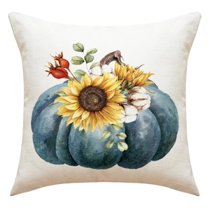 Detail of linen pillowcase with watercolor pumpkin, sunflower, and autumn leaves print