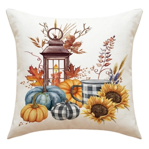 Detailed view of linen pillowcase with watercolor pumpkin, sunflower and lantern print