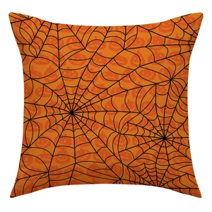 Detailed view of Halloween linen pillowcase with black spider web and pumpkin pattern