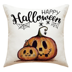 Halloween Kissenbezug aus Leinen mit Happy Halloween Text und Kürbismotiven