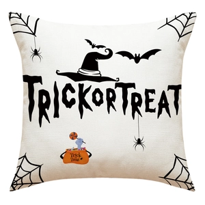Halloween Kissenbezug aus Leinen mit Trick or Treat Aufdruck, Hexenhut und Fledermaus Motiv