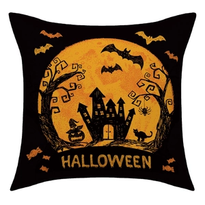 Halloween linen pillow cover with orange moon, ghost castle, and pumpkin graphics