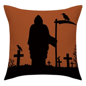 Detail of linen Halloween pillowcase with Grim Reaper silhouette and woven texture