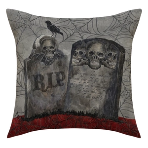 Gothic Halloween linen pillow cover with skull, raven, and gravestone print design