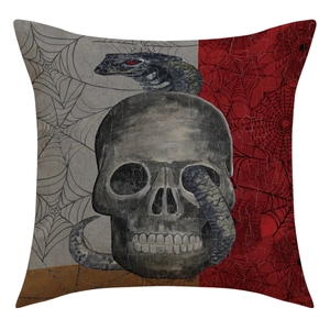 Macro detail of gothic skull and black snake print on linen halloween pillow cover