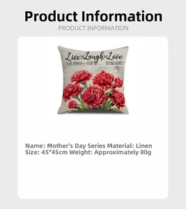Detail view of linen floral pillowcase 45x45cm with red carnations and text
