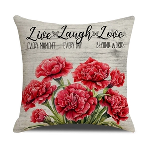 Linen Mother's Day throw pillow with red carnations and Live Laugh Love quote