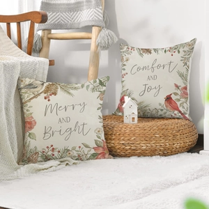Linen Christmas pillow covers set with bird prints and Merry and Bright holiday text