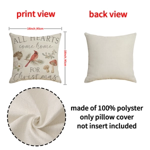 Detail of Christmas linen pillowcase showing 18-inch size and festive floral print texture