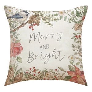 Close-up of linen Christmas pillow cover with Merry and Bright watercolor print