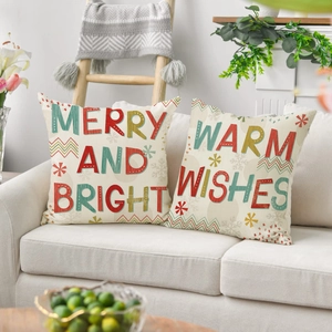 Christmas pillow covers with 'Merry and Bright' text on linen for sofa decor
