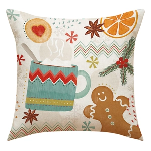 Close-up of linen pillowcase with Christmas motifs like hot cocoa and gingerbread men