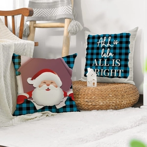 Christmas snowman pillows in blue buffalo plaid with Santa and holiday greetings