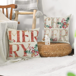 Set di 2 federe natalizie in lino con stampe vintage Merry e Cheer per la casa