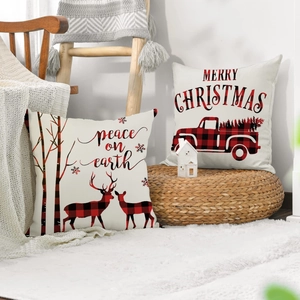 Housses de coussin de Noël avec renne et camion vintage sur tissu en lin