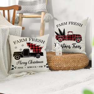 Set of two Christmas linen pillow covers featuring vintage farm trucks and red plaid trees