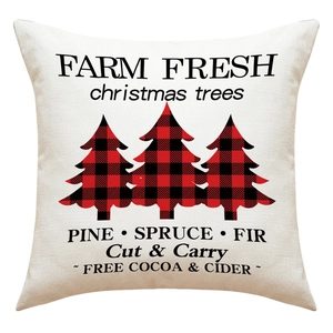 Linen Christmas pillowcase featuring red buffalo plaid trees and vintage farm text
