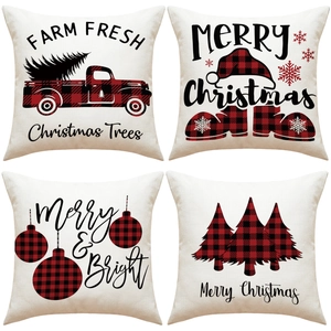 Christmas Throw Pillow Covers Linen Blend Buffalo Plaid Truck Tree Decorative Square Cushion Cases For Sofa Home Decor Farmhouse