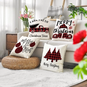 Set of 4 Christmas buffalo plaid pillow covers with retro truck and tree designs