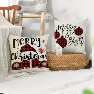 Christmas pillow covers set with red buffalo plaid patterns and festive lettering