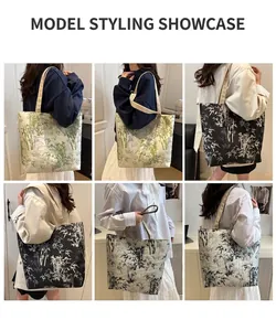 Collage of model carrying a Chinese style ink bamboo print tote bag from various angles