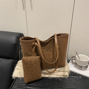 Sac Cabas Imprimé Léopard à la Mode pour Femmes Grande Capacité en Suédine Sac à Épaule avec Petite Pochette Rétro